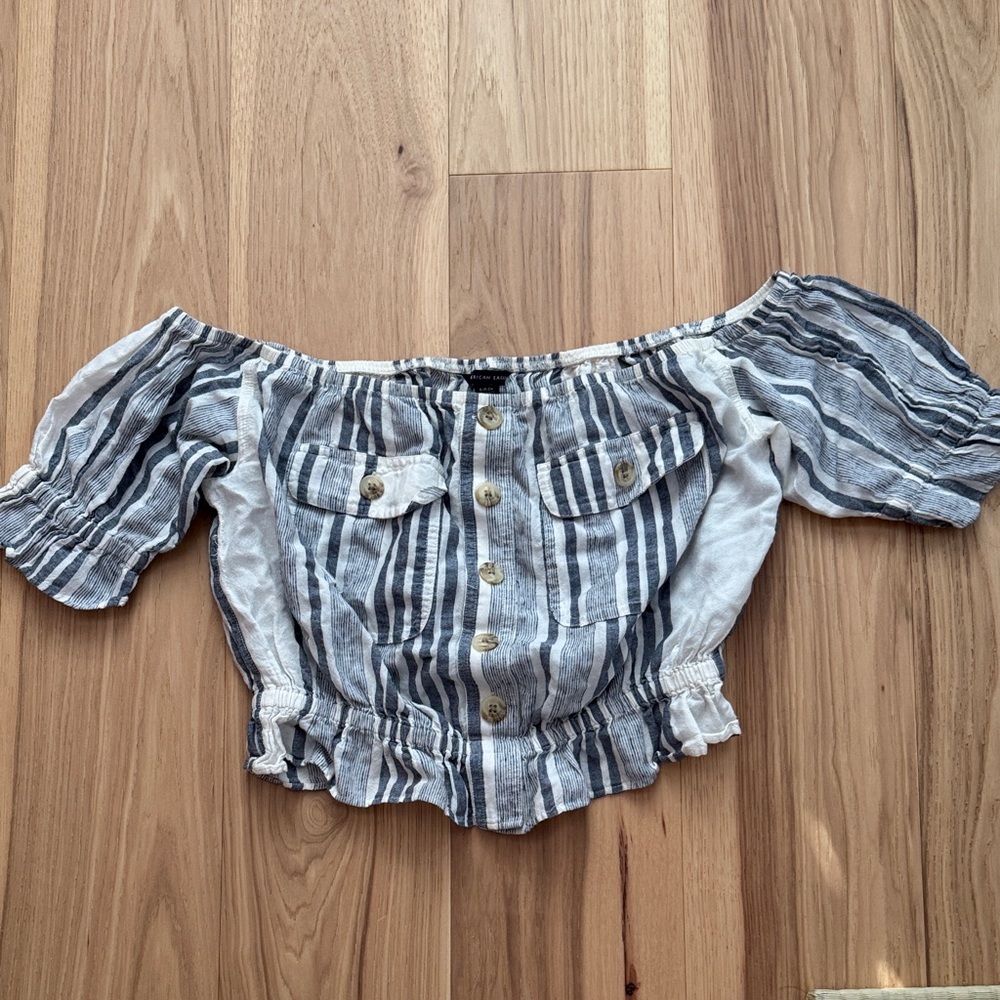 American Eagle Outfitters Blue and White Off-Shoulder Blouse